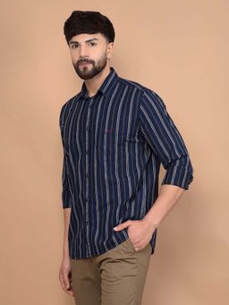 CRIMSOUNE CLUB - Men's Navy Blue Vertical Stripes 100% Cotton Shirt