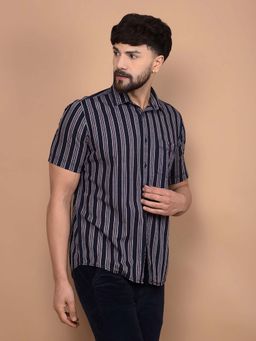 CRIMSOUNE CLUB - Men's Navy Blue Vertical Stripes 100% Cotton Shirt
