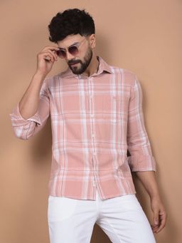 CRIMSOUNE CLUB - Men's Pink Checked 100% Cotton Shirt