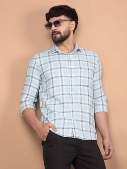CRIMSOUNE CLUB - Men's Blue Checked 100% Cotton Shirt