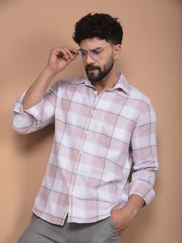 CRIMSOUNE CLUB - Men's Pink Checked 100% Cotton Shirt