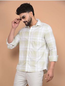 CRIMSOUNE CLUB - Men's Olive Checked 100% Cotton Shirt
