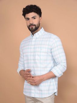 CRIMSOUNE CLUB - Men's Blue Checked 100% Cotton Shirt