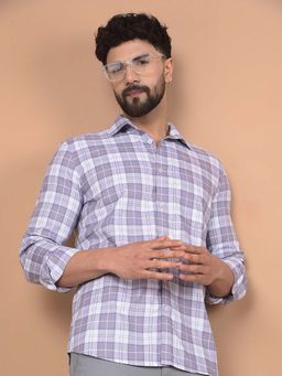 CRIMSOUNE CLUB - Men's Purple Checked 100% Cotton Shirt