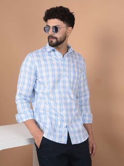 CRIMSOUNE CLUB - Men's Blue Checked 100% Cotton Shirt