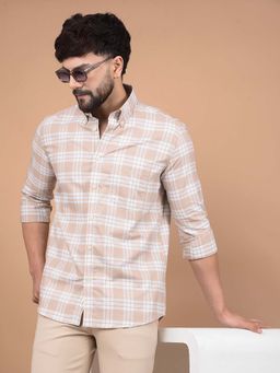 CRIMSOUNE CLUB - Men's Khaki Checked 100% Cotton Button-Down Collar Shirt