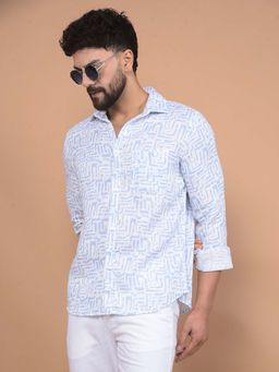 CRIMSOUNE CLUB - Men's Blue Printed 100% Cotton Shirt