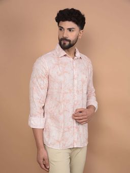 CRIMSOUNE CLUB - Men's Peach Floral Print Linen Shirt