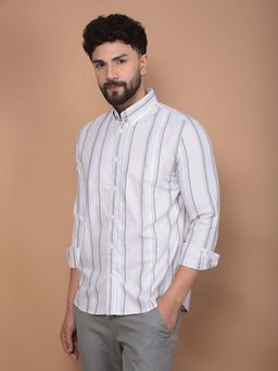 CRIMSOUNE CLUB - Men's White Vertical Stripes 100% Cotton Button-Down Collar Shirt