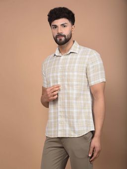 CRIMSOUNE CLUB - Men's Beige Checked 100% Cotton Shirt