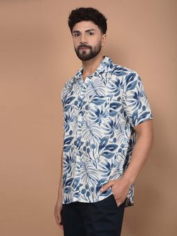 CRIMSOUNE CLUB - Men's Blue Floral Print Linen Shirt