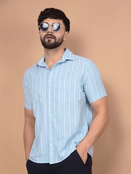 CRIMSOUNE CLUB - Men's Blue Vertical Stripes Linen Shirt