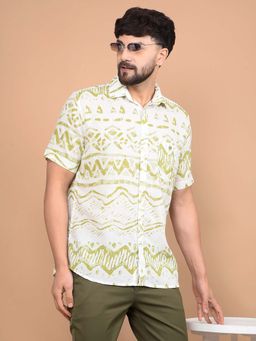 CRIMSOUNE CLUB - Men's Olive Printed Linen Shirt