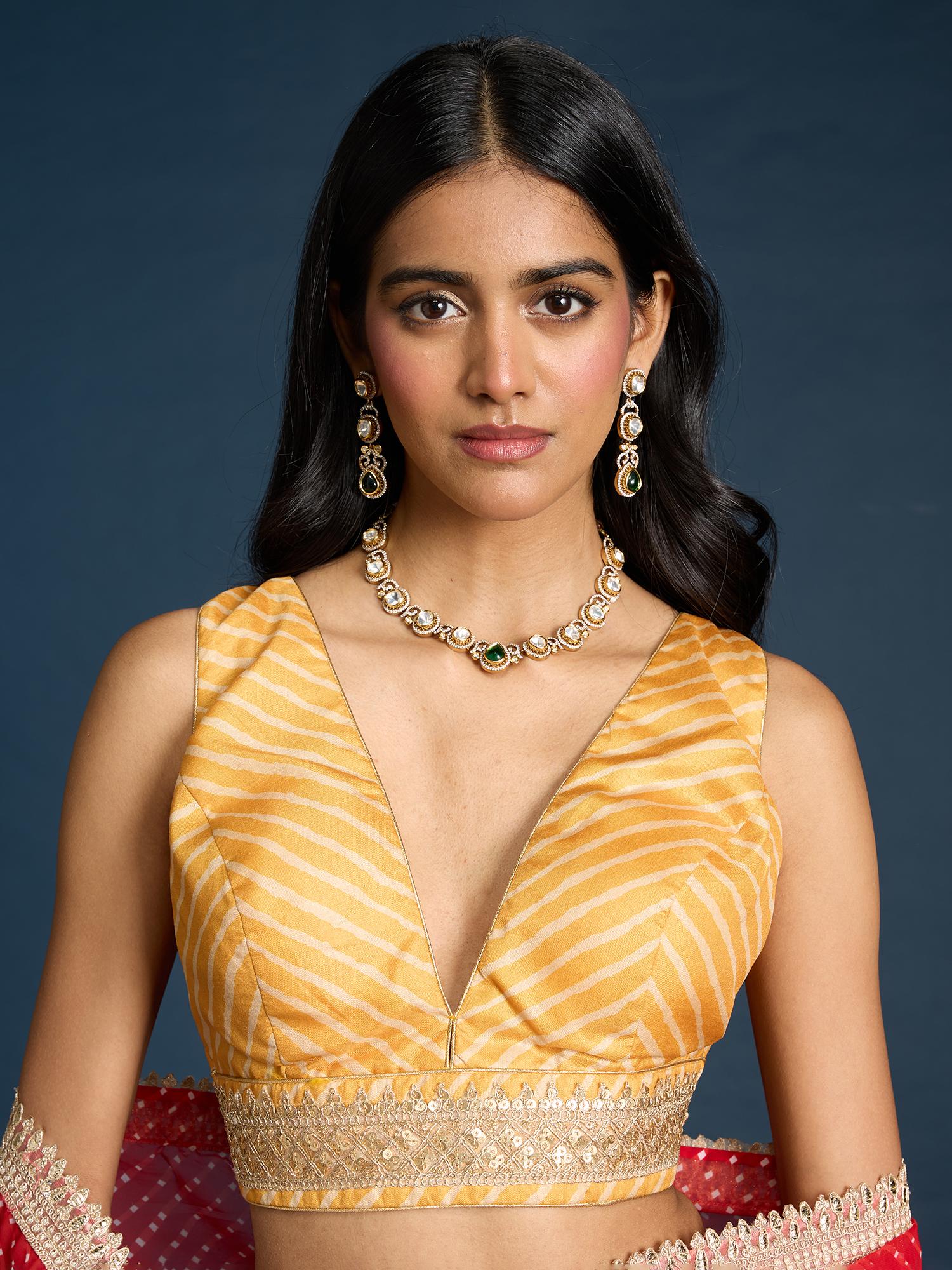 gajra gang Yellow Leheriya Lace Embellished V Neck Stitched Blouse Trousseau Tijori-picture-41