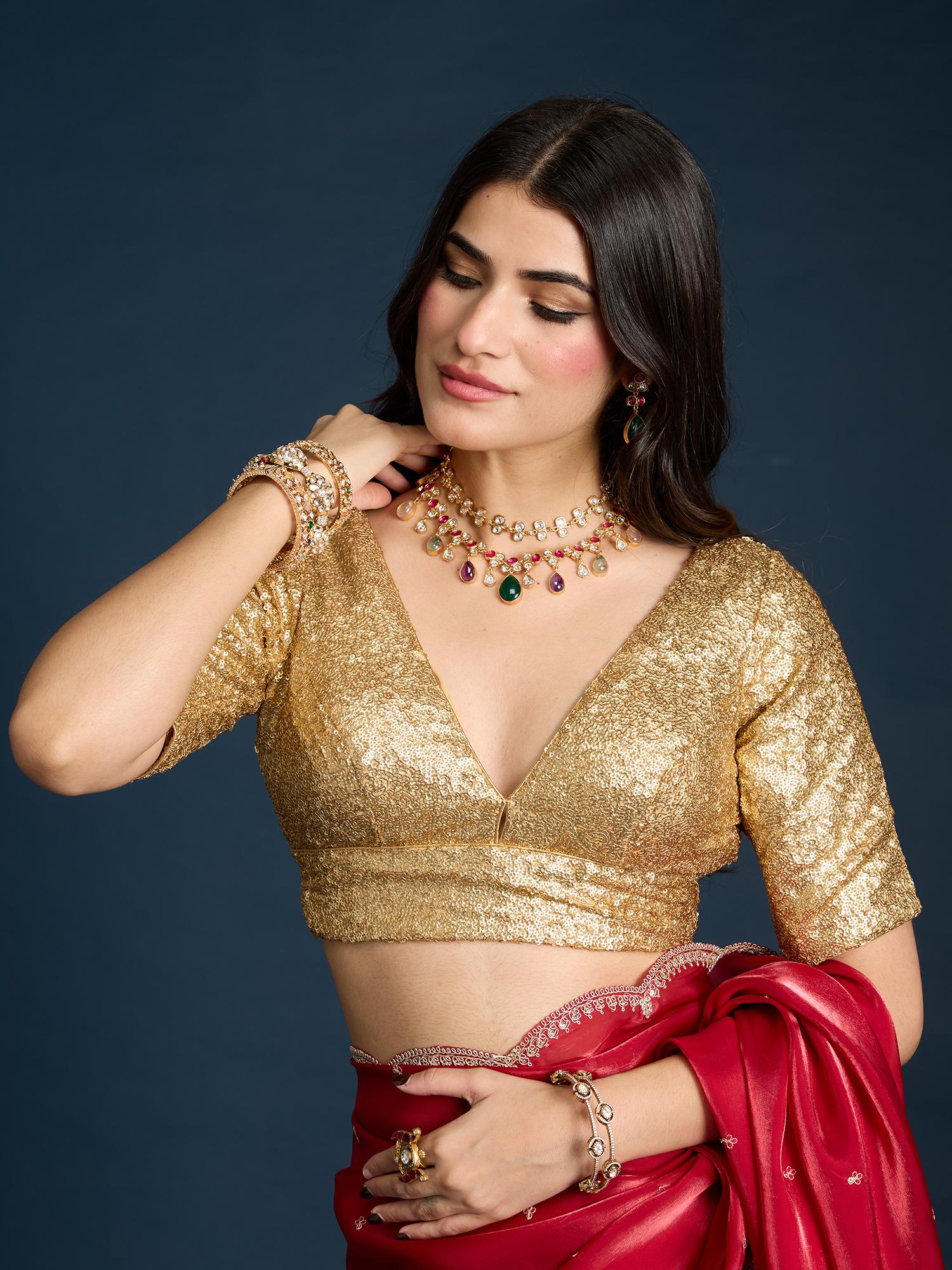 gajra gang All Gold Sequinned Sleeved Stitched Blouse Trousseau Tijori-picture-40