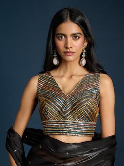 Gajra Gang - Black All Over Sequin Embroidered V-Neck Stitched Blouse Trousseau Tijori