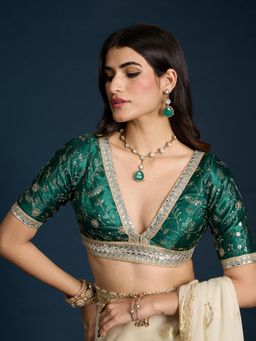 Gajra Gang - Green Deep V Neck Gold Jaal Embroidered Embellished Stitched Blouse Trousseau Tijori