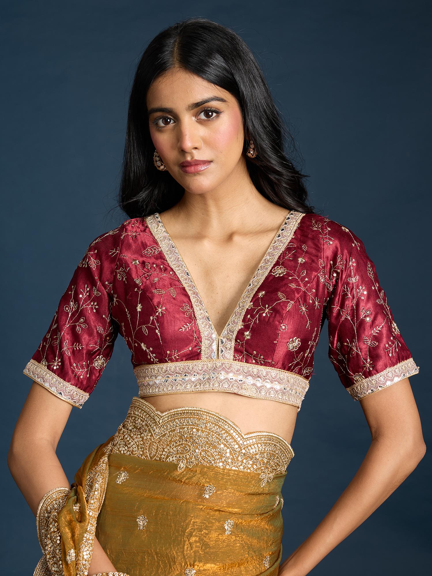 Maroon Deep V Neck Gold Jaal Embroidered Embellished Stitched Blouse Trousseau Tijori-image-37