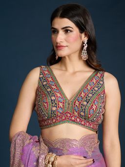 Gajra Gang - Magenta Printed & Embroidered V Neck Sleeveless Stitched Blouse Trousseau Tijori