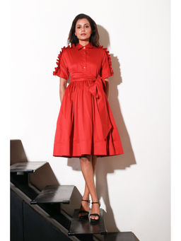 Echke - Red Dress with Waist Flare And Rouging Feature & Belt (Set of 2)