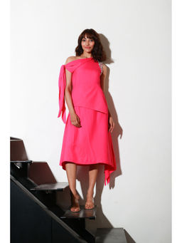 Echke - One Shoulder Midi Flared Dress with Tie Up Feature Sleeve