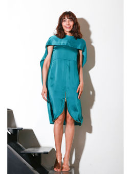Echke - Teal Milano Dress with Cape Front Wide Slit Feature And Zip