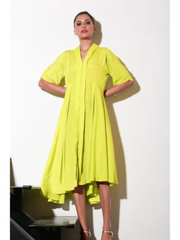 Echke - Yellow French Crepe Dress with Flared Cente And Back Feature