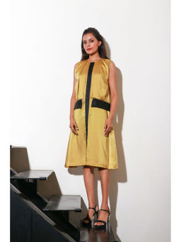 Echke - Mustard Milano Dress with Front Pleats And Black Milano Centre Feature with Side Zips