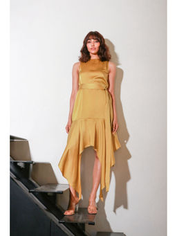 Echke - Mustard Yellow Fitted Dress & Belt with Asymmetrical Bottom Part (Set of 2)