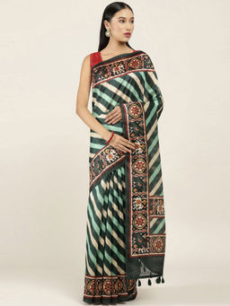 Soch - Printed Silk Blend Saree with Unstitched Blouse