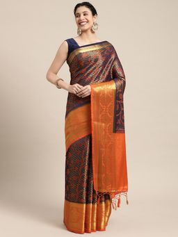 Mimosa - Women's Kanjivaram Art Silk Navy Blue Saree with Unstitched Blouse