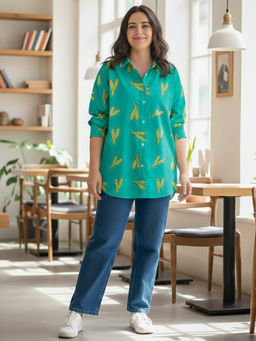 MASU - Women Teal Pure Poplin Cotton Bhindi Asymmetrical Oversize Shirt