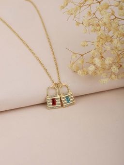 Carlton London - Red and Turquoise Blue Gold-Plated CZ-Studded Lock-Shaped Necklace