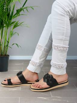 XE Looks - Women's Black One Toe Doctor Sandals With Floral Embellishments