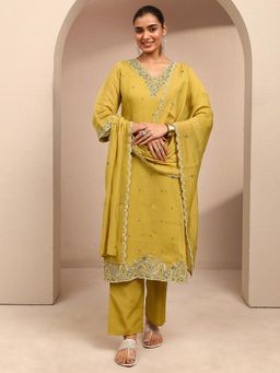 Libas - Mustard Embroidered Thread Work Straight Kurta And Pant With Dupatta