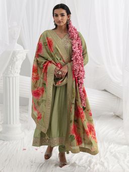 Libas - Green Embroidered Embellished/Sequined Straight Kurta And Pant With Dupatta