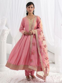 Libas - Pink Embroidered Sequined Anarkali Kurta And Pant With Dupatta