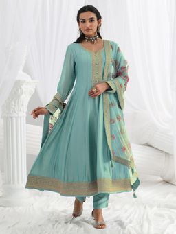 Libas - Blue Embroidered Embellished/Sequined Straight Kurta And Pant With Dupatta