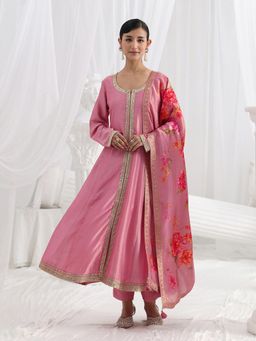 Libas - Pink Embroidered Embellished/Sequined Straight Kurta And Pant With Dupatta