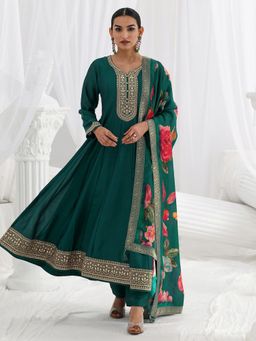 Libas - Teal Embroidered Embellished/Sequined Straight Kurta And Pant With Dupatta