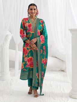 Libas - Green Floral Printed Straight Kurta And Pant With Dupatta