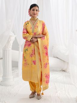 Libas - Yellow Floral Printed Straight Kurta And Pant With Dupatta