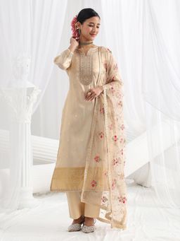 Libas - Cream Embroidered Embellished/Sequined Straight Kurta And Pant With Dupatta