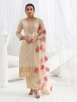 Libas - Cream Embroidered Embellished/Sequined Straight Kurta And Pant With Dupatta
