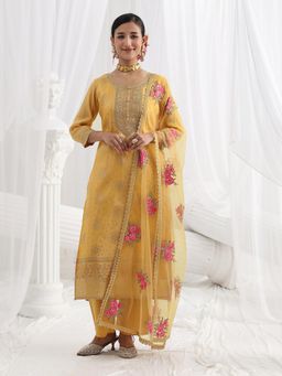 Libas - Yellow Embroidered Thread Work Straight Kurta And Pant With Dupatta