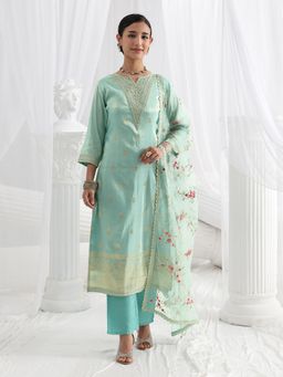 Libas - Blue Embroidered Thread Work Straight Kurta And Pant With Dupatta