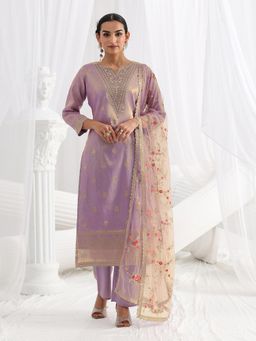 Libas - Lavender Embroidered Thread Work Straight Kurta And Pant With Dupatta