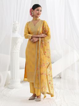 Libas - Yellow Embroidered Thread Work Straight Kurta And Pant With Dupatta