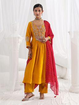 Libas Art - Mustard Embroidered Embellished/Sequined Straight Kurta And Pant With Dupatta