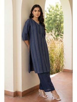 Aurelia - Navy Blue Stripes Stripes Wide Kurta With Palazzo